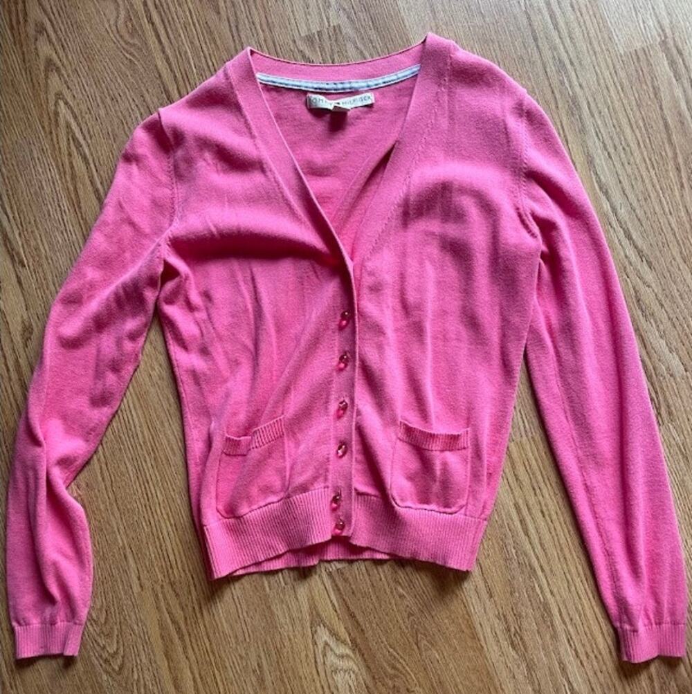 Tommy Hilfiger Pink Cotton V-Neck Button Front Cardigan Sweater Pockets M